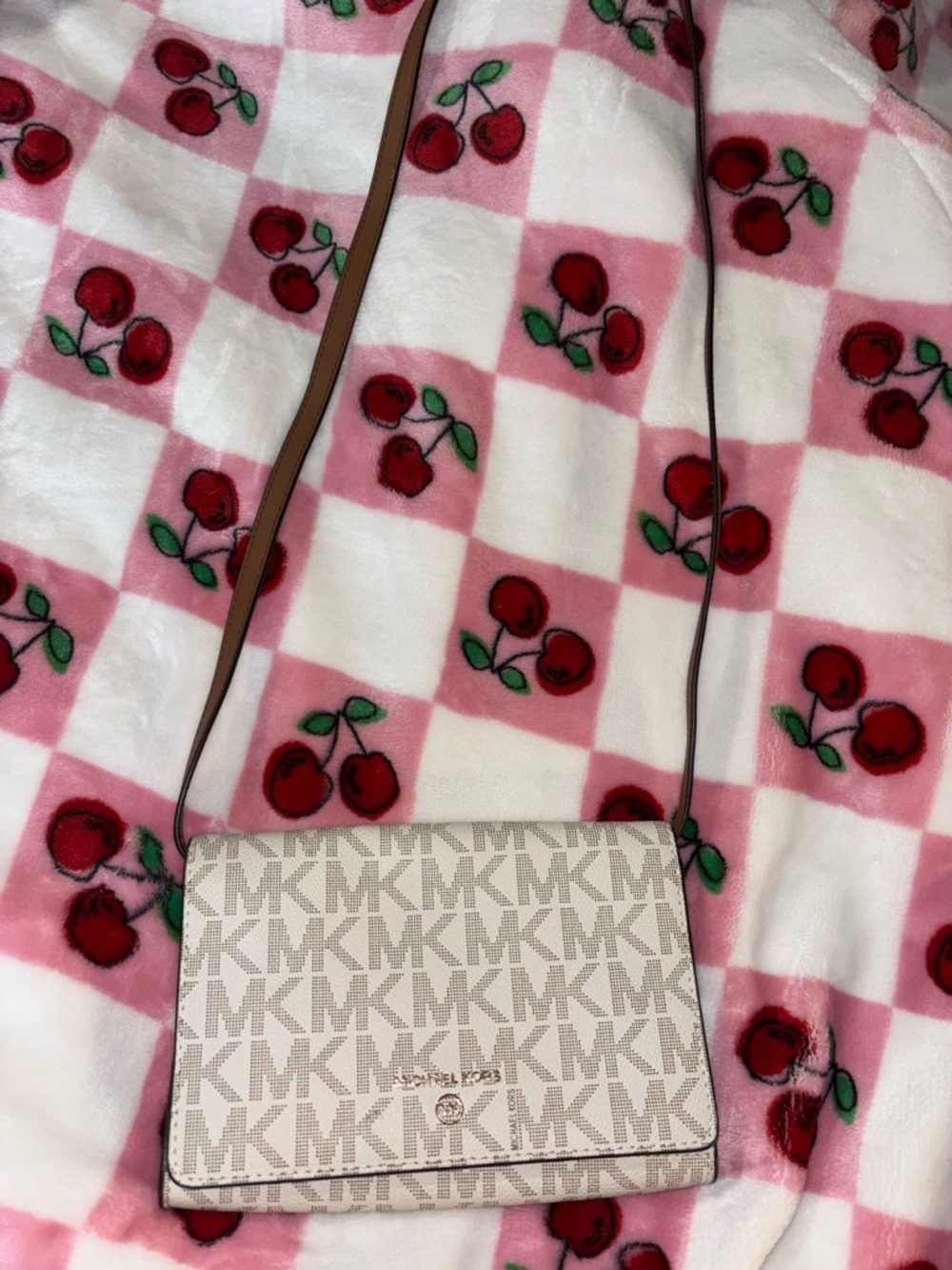 Michael Kors Beige Signature MK Crossbody Bag with Tan Trim